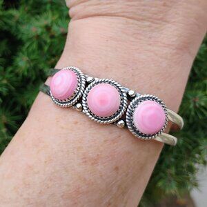 Southwest Sterling Silver Pink Conch Shell Stacker Row Cuff Bracelet